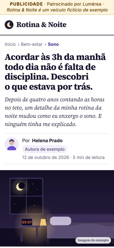 Primeira tela do modelo Advertorial no celular, com marca fictícia