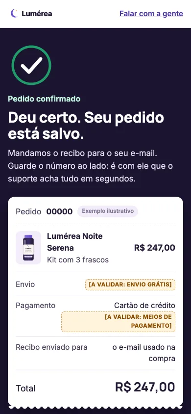 Primeira tela do modelo Obrigado com upsell no celular, com marca fictícia