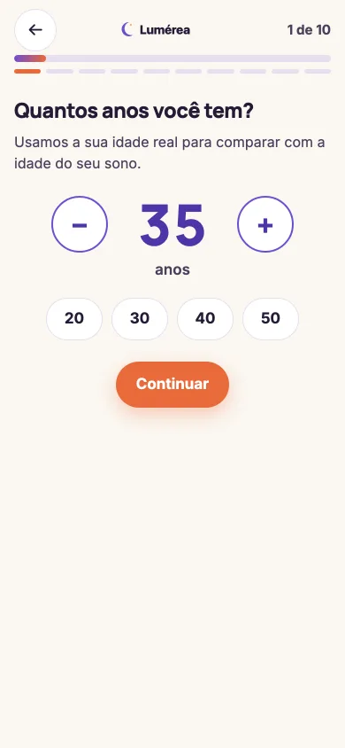 Primeira tela do modelo Quiz calculadora no celular, com marca fictícia