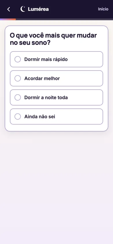 Primeira tela do modelo Quiz de perfil no celular, com marca fictícia